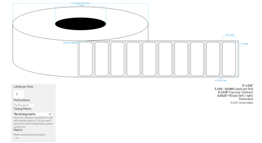 [102106-3X8-PHGWB-189-1000000] 2" x 0.8" CANON LX-D5500 PREMIUM HIGH GLOSS WHITE BOPP {ROUNDED CORNERS} PERFORATED Roll Labels  (3"CORE/8"OD)