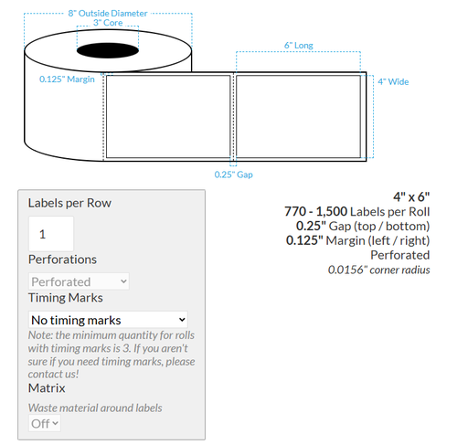 [105149-3X8-HGB-110-1000000] 4" x 6" VIPColor VP750 HIGH GLOSS WHITE BOPP (RECTANGLE/SQUARE CORNERS) PERFORATED Roll Labels (3"CORE/8"OD)