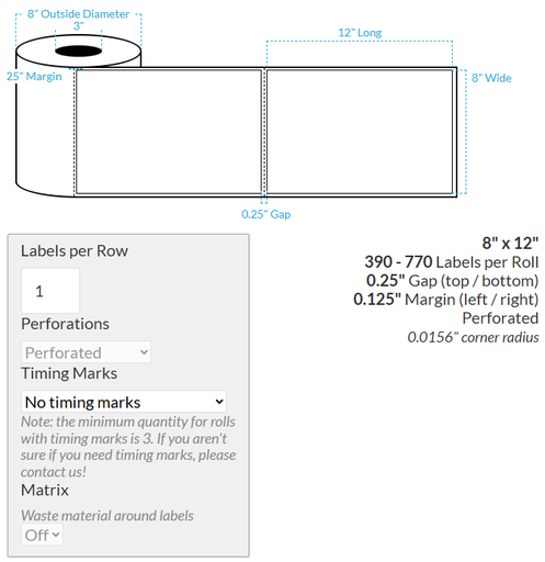[101046-3X8-MWB-110-1000000] 8" x 12" VIPColor VP750 MATTE WHITE BOPP (RECTANGLE/SQUARE CORNERS) PERFORATED Roll Labels (3"CORE/8"OD)