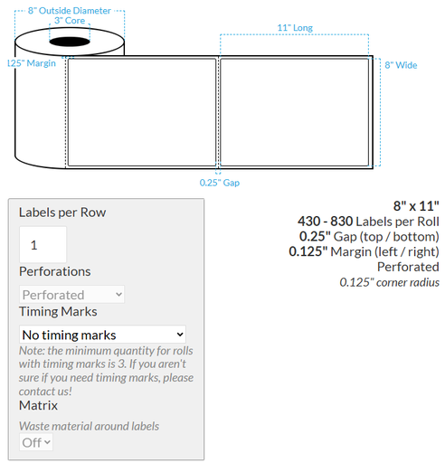 [104656-3X8-MWB-110-1000000] 8" x 11" VIPColor VP750 MATTE WHITE BOPP (ROUNDED CORNERS) PERRFORATED Roll Labels (3"CORE/8"OD)