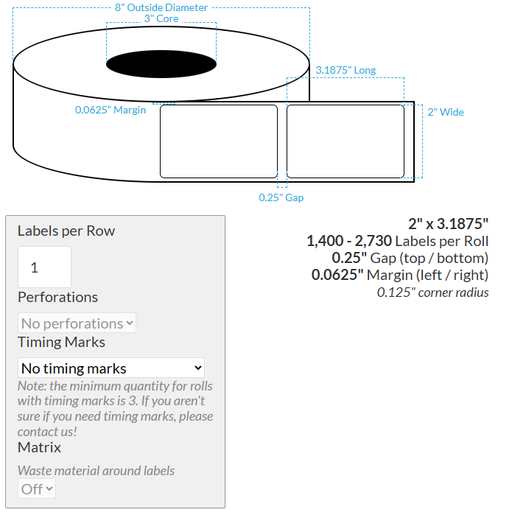 [101604-3X8-PHGWB-110-1000000] 2" x 3.1875" VIPColor VP750 PREMIUM HIGH GLOSS WHITE BOPP (ROUNDED CORNERS) Roll Labels (3"CORE/8"OD)