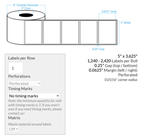 [100416-3X8-MWB-183-1000000] 5" x 3.625" VIPColor VP610 MATTE WHITE BOPP (RECTANGLE/SQUARE CORNERS) PERFORATED Roll Labels (3"CORE/8"OD)