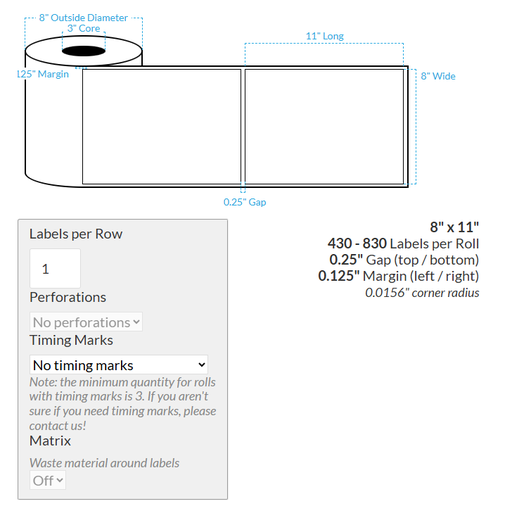 [103412-3X8-MWB-182-1000000] 8" x 11" VIPColor VP550 MATTE WHITE BOPP (RECTANGLE/SQUARE CORNERS) Roll Labels (3"CORE/8"OD)