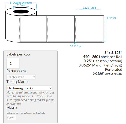 [100930-3X6-SAB-162-1000000] 5" x 5.125" VIPColor VP650 SATIN WHITE BOPP (RECTANGLE/SQUARE CORNERS) PERFORATED Roll Labels (3"CORE/8"OD)
