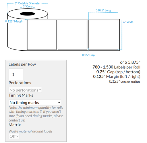 [105083-3X8-MWB-184-1000000] 6" x 5.875" VIPColor VP660 MATTE WHITE BOPP (ROUNDED CORNERS) Roll Labels (3"CORE/8"OD)