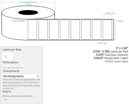 [103595-3X8-HGB-161-1000000] Roll Label: 3" x 1.38" High Gloss White Poly (BOPP) {RECTANGLE/SQUARE CORNERS} Roll Labels (3"CORE/8"OD)