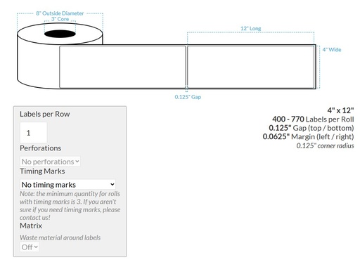[105582-3X8-MWB-110-1000000] 4" x 12" MATTE WHITE BOPP (RECTANGLE/SQUARE CORNERS) Roll Labels (3"CORE/8"OD)