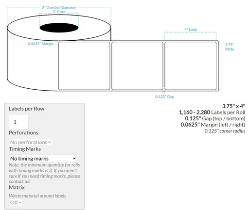 [103634-3X8-SAB-184-1000000] 3.75" x 4" SATIN Polypropylene BOPP {ROUNDED CORNERS} Roll Labels (3"CORE/8"OD)