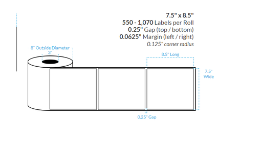 [100560-3X8-SAB-110-1000000] 7.5" X 8.5" SATIN Polypropylene BOPP {ROUNDED CORNERS} Roll Labels  (3"CORE/8"OD)