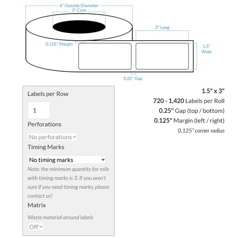 [100716-3X6-HGB-113-1000000] 1.5" x 3" HIGH GLOSS WHITE Polypropylene BOPP {SQUARE CORNERS} Roll Labels (3"CORE/6"OD)